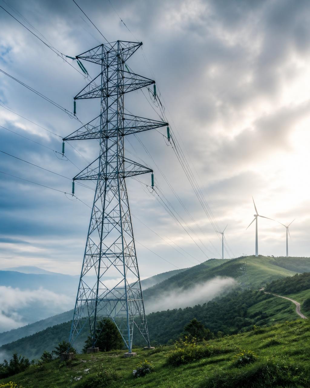 Torre de alta tensión con líneas eléctricas y aerogeneradores en un paisaje montañoso brumoso